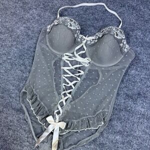 Never Naked Grey Mesh Lace Up Bodysuit Floral Embroidery Swiss Dot Cute Size M